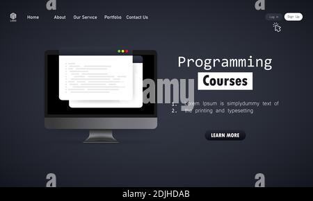 Programming courses banner. Learning coding on computer. Cyber education course concept. Studying creating program software. Vector on isolated white Stock Vector