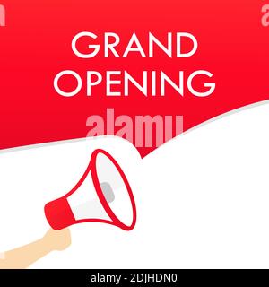 Hand holding megaphone with grand opening text. Announcement. Loudspeaker. Banner for business, marketing and advertising. Vector on isolated backgrou Stock Vector