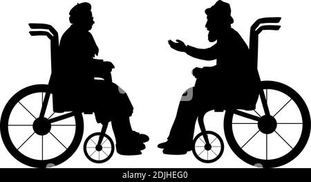 Silhouettes of grandparents in wheelchair and grandmothers in wheelchair. Illustration symbol icon Stock Vector