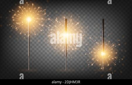 Christmas New Year bengal light set. Realistic golden sparkler lights isolated on transparent background. Festive bright fireworks. Fun decorations Stock Vector