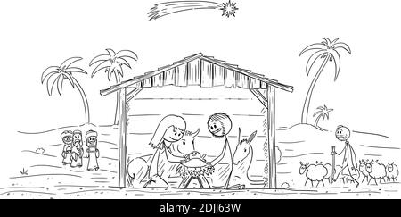Vector cartoon stick figure illustration of nativity scene of infant Jesus, Mary and Joseph in Bethlehem. Shepherd and three wise men or kings are coming. Stock Vector