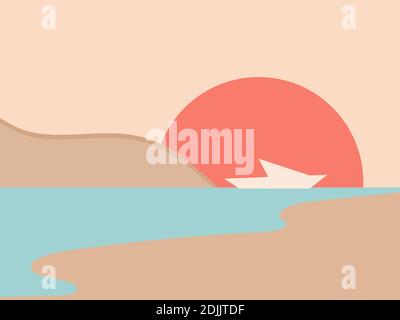 View of the sea bay in a minimalistic style. Contour of the yacht against the background of the sun. Boho decor for prints, posters and interior desig Stock Vector