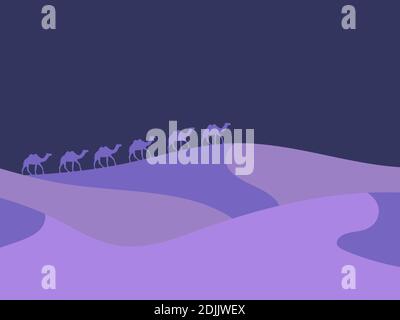 Desert night landscape with sand dunes and camels in a minimalist style. Boho decor for prints, posters and interior design. Mid Century modern decor. Stock Vector