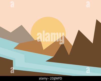 Mountain river in a minimalistic style. Water movements with rocky shores. Boho decor for prints, posters and interior design. Mid Century modern deco Stock Vector