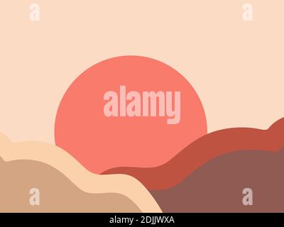Mountain landscape in a minimalistic style. Sunrise and sunset, red sun. Boho decor for prints, posters and interior design. Mid Century modern decor. Stock Vector