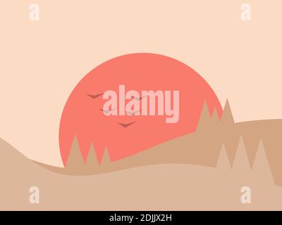 Mountain landscape in a minimalistic style. Sunrise and sunset, red sun. Boho decor for prints, posters and interior design. Mid Century modern decor. Stock Vector