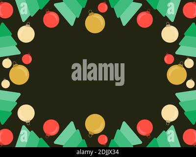 Christmas frame, top view of Christmas decorations with copy space. Christmas balls and Christmas trees, flat style. Design a template for invitations Stock Vector