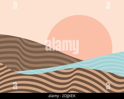 Landscape in a minimalist style, line art. Coast, seascape. Boho decor for prints, posters and interior design. Mid Century modern decor. Vector illus Stock Vector