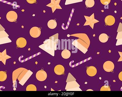 Christmas seamless pattern with Christmas trees and Christmas balls, stars, candies and cap Santa Claus. Xmas ornaments for greeting cards, wrapping p Stock Vector