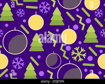 Christmas seamless pattern with geometric shapes in the style of the 80s. Christmas balls and Christmas trees with triangles, circles and for brochure Stock Vector