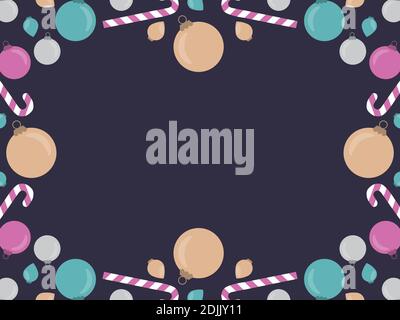 Christmas frame, top view of Christmas decorations with copy space. Colorful Christmas balls and candy canes. Design a template for invitations, leafl Stock Vector