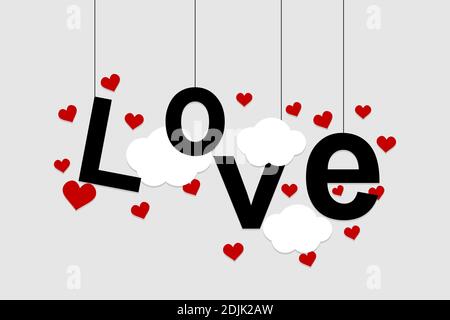 Love background template with big hanging letters and flying hearts with fluffy clouds. Valentines day holiday concept Stock Vector