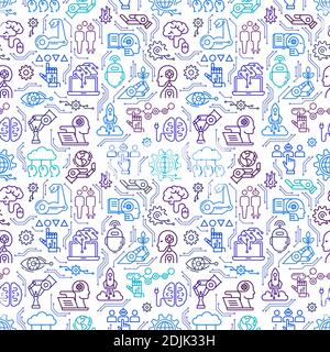 A seamless pattern of robots, androids, artificial intelligence and modern technologies in a linear style of icons. EPS 10. Stock Vector