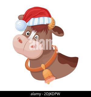 Comic bull in Santa red hat. Animal mascot Chinese New Year. Happy Christmas cartoon ox character. Zodiac. Head calf cow for greeting card. Vector Stock Vector