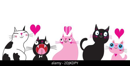 Vector greeting card with loving cats and hearts. Cats in love on Valentine's Day Stock Vector