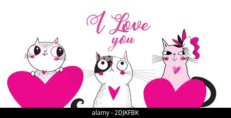 Vector greeting card with loving cats and hearts. Cats in love on Valentine's Day Stock Vector
