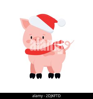 Cute christmas pig vector icon isolated on white background. Stock Vector