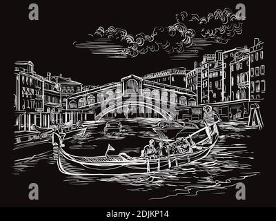 Vector hand drawing sketch illustration of Rialto Bridge in Venice. Venice skyline hand drawn sketch in white color isolated on black background. Trav Stock Vector