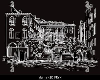 Vector hand drawing sketch illustration of canal and house in Venice. Venice skyline hand drawn sketch in white color isolated on black background. Tr Stock Vector