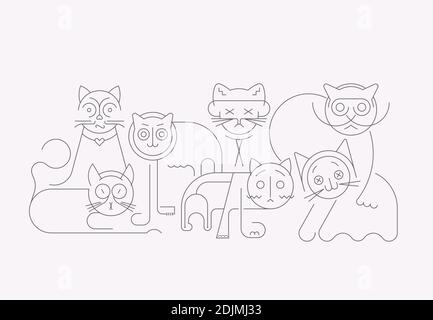 Grey line art silhouettes isolated on a white background Cats vector illustration. Stock Vector