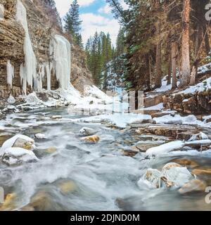 south fork of the west fork gallatin river in winter along trail to ouzel falls near big sky, montana Stock Photo