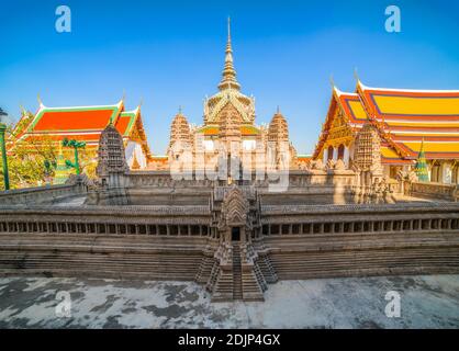 Angkor Wat Model with Phra Sawet Kudakhan Wihan Yot at Wat Phra Kaew (Temple of the Emerald Buddha) within Grand Palace Area in Bangkok, Thailand