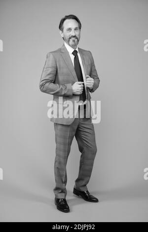 Your future is my business. Businessman grey background. Ceo or chief executive. Mature man in formalwear. Formal fashion style. Business professional. Business casual. Manage your business. Stock Photo