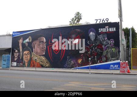 Los Angeles, California, USA 7th December 2020 A general view of atmosphere of Playstation Spiderman Street Art on Melrose Avenue on December 7, 2020 in Los Angeles, California, USA. Photo by Barry King/Alamy Stock Photo Stock Photo