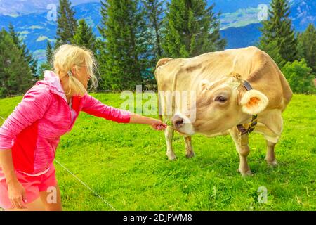 Caucasian happy girl feeding cow in alpine meadow along Rigi-Scheidegg railway line with spectacular views of Swiss Alps, Schwyz basin, Lake Lucerne Stock Photo