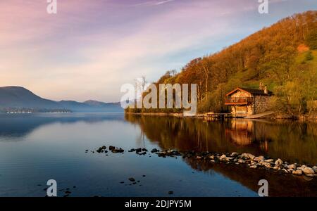 The Duke of Portland boathouse stands on the lake shore of Ullswaterin the English Lake district in cumbria, United Kingdom Stock Photo