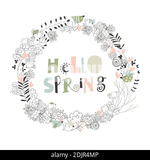 Cartoon spring floral wreath on white background Stock Vector