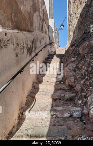 Escaletes dels gats, typical corner of Onda, staircase in the historic center that gives access to the upper area of the Castle. Castellon, Spain. Stock Photo
