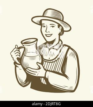 Beautiful young woman with jug of milk. Dairy farm sketch vintage vector Stock Vector