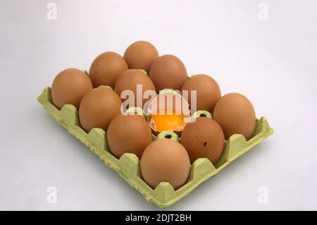 Close-up of an egg tray in which one is open showing the contents of the egg, all isolated on a neutral background Stock Photo