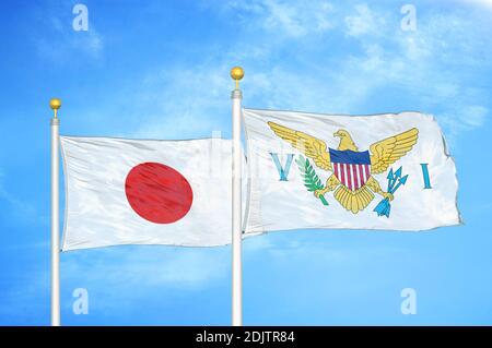 Japan and United States two flags on flagpoles and blue