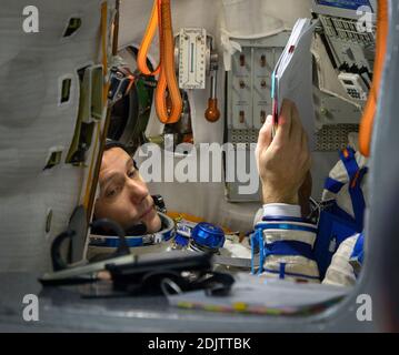 Expedition 50 ESA astronaut Thomas Pesquet is seen inside the Soyuz simulator during final qualification exams, Tuesday, Oct. 25, 2016, at the Gagarin Cosmonaut Training Center (GCTC) in Star City, Russia. Pesquet, Russian cosmonaut Oleg Novitskiy of Roscosmos, and NASA astronaut Peggy Whitson are scheduled to launch in November 2016. Photo by /Bill Ingalls/NASA Via ABACAPRESS.COM Stock Photo
