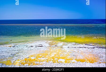 Europe, Sweden, Smaland, island Öland, Klapperstein coast near Byxelkrok, Nordöland, limestone plate rock, tide pools with colored algae, Stock Photo