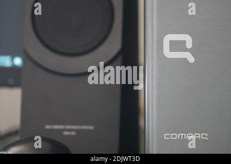 Thrissur, Kerala, India - 11/17/2020: Symbol of a compaq desktop pc embedded on the cabinet Stock Photo