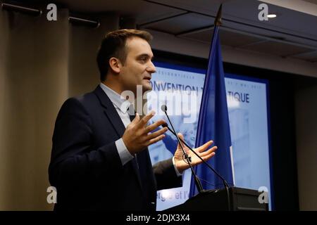 French far-right party Front National (FN) vice-President Florian Philippot during the thematic convention entitled 'Ecology and Energy' at Salon Friedland, in Paris, France on December 2nd, 2016. Photo by Henri Szwarc/ABACAPRESS.COM Stock Photo