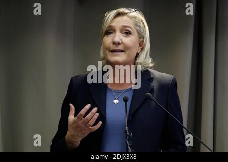 French far-right party Front National (FN) presidential candidate Marine Le Pen delivers her speech during her thematic convention entitled 'Ecology and Energy' at Salon Friedland, in Paris, France on December 2nd, 2016. Photo by Henri Szwarc/ABACAPRESS.COM Stock Photo