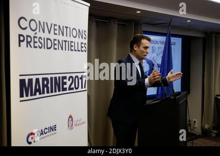 French far-right party Front National (FN) vice-President Florian Philippot during the thematic convention entitled 'Ecology and Energy' at Salon Friedland, in Paris, France on December 2nd, 2016. Photo by Henri Szwarc/ABACAPRESS.COM Stock Photo