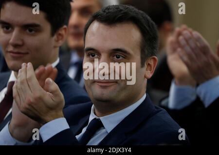 French far-right party Front National (FN) vice-President Florian Philippot during the thematic convention entitled 'Ecology and Energy' at Salon Friedland, in Paris, France on December 2nd, 2016. Photo by Henri Szwarc/ABACAPRESS.COM Stock Photo