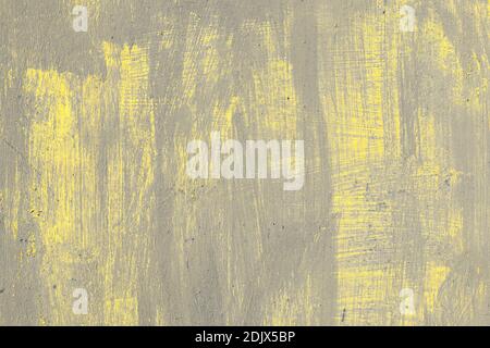 Rusty metal texture, unevenly painted in colors of the year 2021, flawless ultimate gray and illuminating, refreshing yellow. Vintage mockup with copy Stock Photo