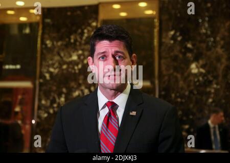 Speaker of the House Paul Ryan (R-WI) speaks with the press after meeting with President elect Donal Trump, in the lobby of the Trump Tower, New York, Ny, December 9, 2016.(Pool/Aude Guerrucci) Stock Photo
