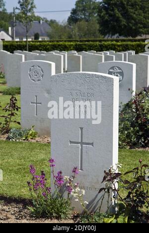 Grave of an unknown British sailor killed in World War Two at the Bayeux Commonwealth War Graves Commission Cemetery, Bayeux, France. Stock Photo