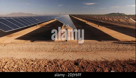 close up of solar power panels the in desert during sunny day. Stock Photo
