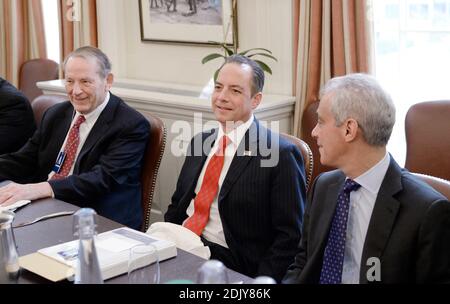 Incoming White House chief of staff Reince Priebus(C) is flanked by Formers White House Chief of Staff Samuel Knox Skinner (L) and Rahm Emanuel (R) during a meeting in the Chief of Staff office of the White House in Washington, DC, December 16, 2016. Photo by Olivier Douliery/ABACA Stock Photo