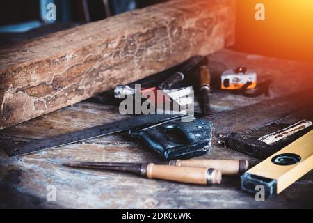 Close-up Of Work Tools On Table In Workshop