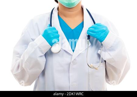 A confident female nurse standing with stethoscope, woman doctor in white uniform, studio shot isolated on over white background, medical health conce Stock Photo