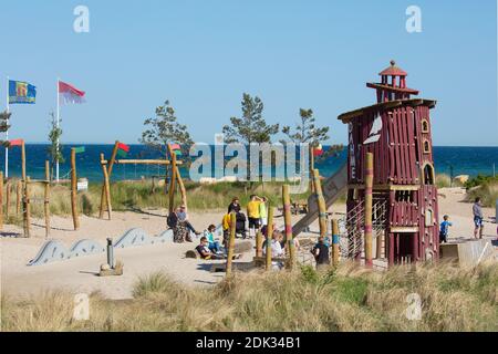 Germany, Schleswig-Holstein, Ostseebad Dahme, Playground on the Baltic Sea beach, Stock Photo